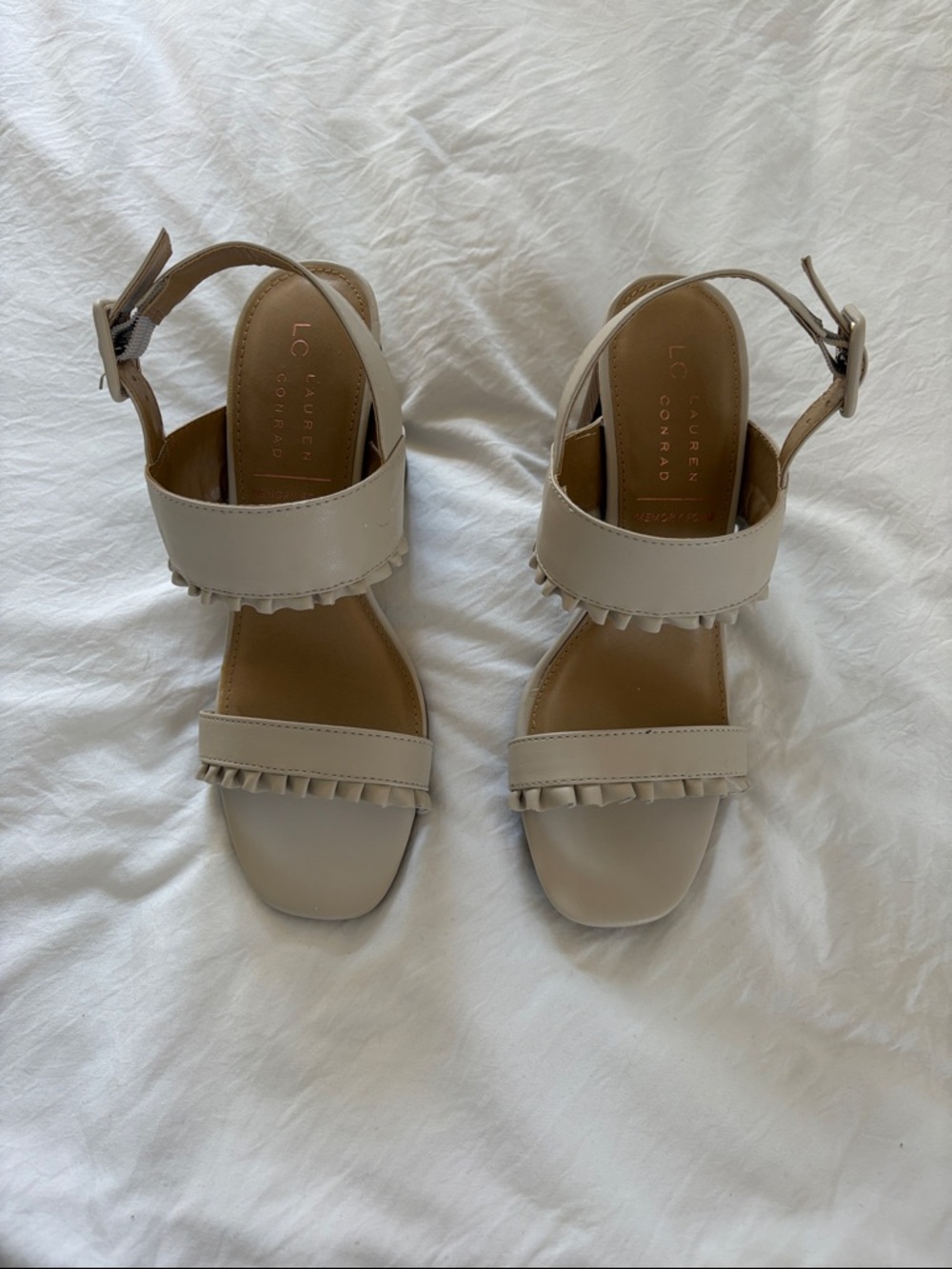 LC Lauren Conrad Beige Ruffle Strap Block Heel Sandals